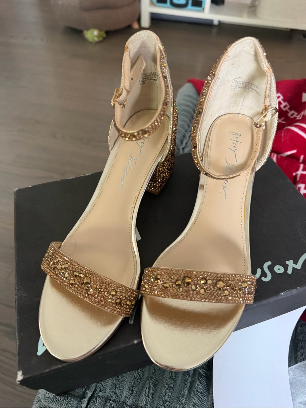 Betsey Johnson Gold Beaded Ankle-Strap Block Heels